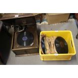 An HMV model 103 oak cased gramophone and a collection of records