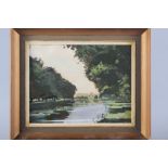 John C Haskins, 1969: oil on paper, "Hampton Court", 8" x 10 1/4", in gilt strip frame