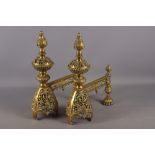 A pair of late 19th century pierced brass andirons/implement rests of restoration design, 16 1/2"