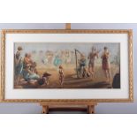 R C Perry: watercolours, Bacchanalian gathering", 10" x 22 1/2", in carved gilt strip frame