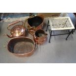A copper jug, 8" high, a copper and brass coal scuttle, a copper kettle, a brass and wrought iron