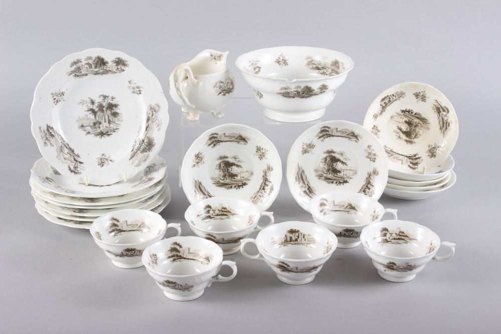 An early 19th century bone china part teaset with bat printed landscape decoration (some damages)