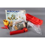 A quantity of Meccano, a brass jam pan, 13" dia, and a quantity of pine cones