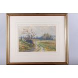 Clara Irwin: watercolours, a country path, 9" x 12 3/4", in gilt strip frame