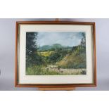 Suzanne Francis: watercolours, landscape with shepherd and sheep, 14 1/2" x 20", in strip frame