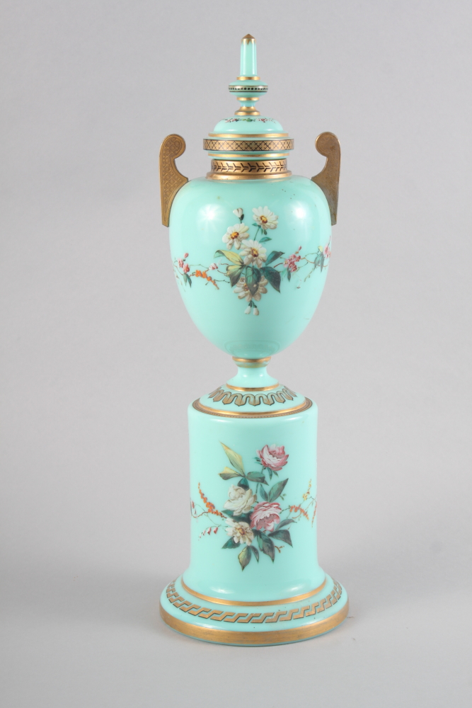 A 19th century Continental green glass and enamelled two-handled vase and cover with bird and flower - Image 3 of 3