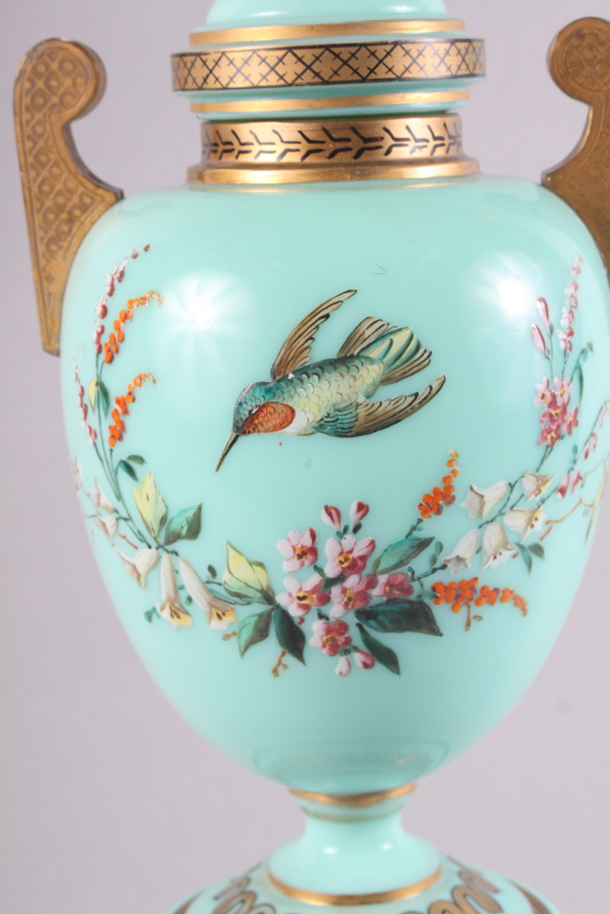 A 19th century Continental green glass and enamelled two-handled vase and cover with bird and flower - Image 2 of 3