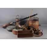 A 19th century copper gallon flagon, a 19th century copper saucepan, 11" dia, a set of three