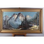 A 20th century oil on canvas, alpine scene, indistinctly signed, 15 1/2" x 31", in gilt frame, and a