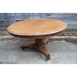 A late 19th century mahogany circular tilt top dining table, on turned column and triform base