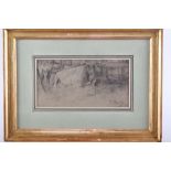 M Maurey: pencil study, cattle in a byre, 4" x 8", in gilt frame