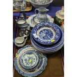 A quantity of blue and white china, including "Real Old Willow" pattern china, platters and a