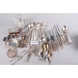 A part canteen of silver plated cutlery, a pair of octagonal shaped salt and pepper shakers, a