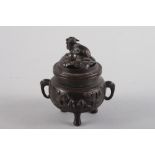 A Japanese bronze koro with Kylin surmount, bird and branch decoration, 4 3/4" high