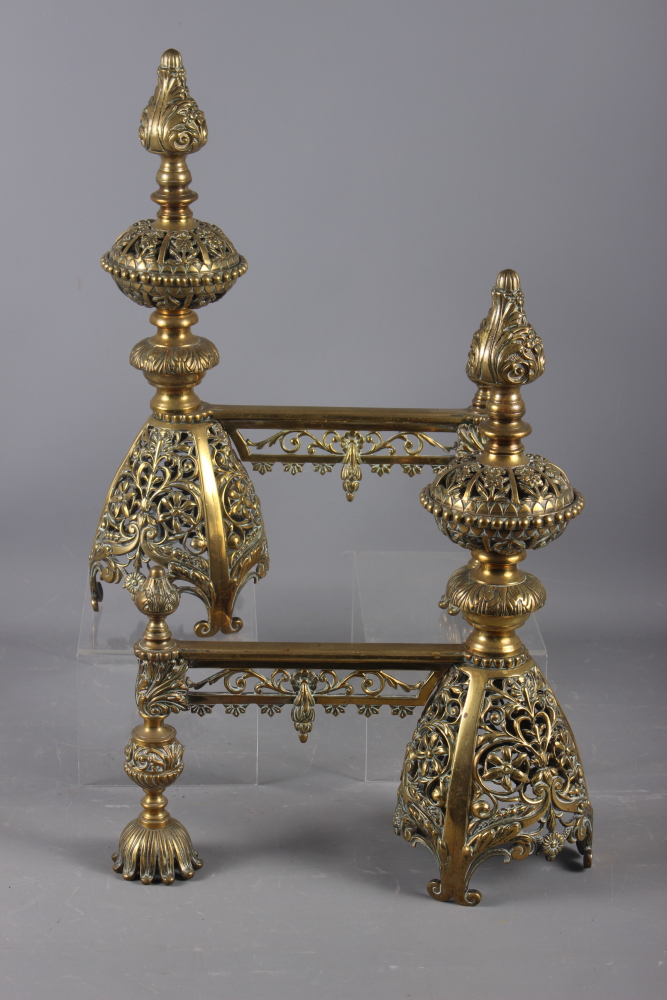 A pair of late 19th century pierced brass andirons/implement rests of restoration design, 16 1/2" - Image 2 of 3
