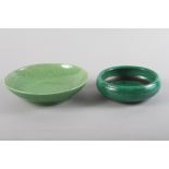 A Chinese green crackle glazed shallow dish, 8 1/2" dia, and one other shallow dish, 6" dia