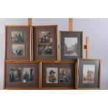 A set of eight colour prints, 19th century genre sketches, in four strip frames, and two London