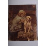 A late 19th century crystolian, young girl and dog, 10" x 8", unframed