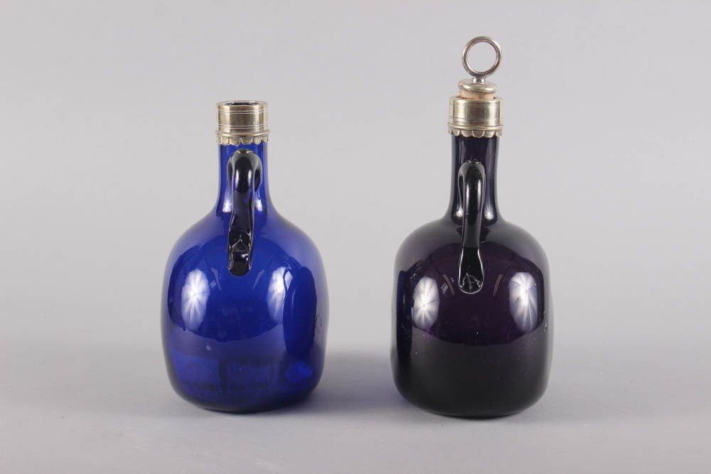 An amethyst glass and metal mounted bottle with stopper, 7" high, and another similar smaller blue - Image 2 of 5