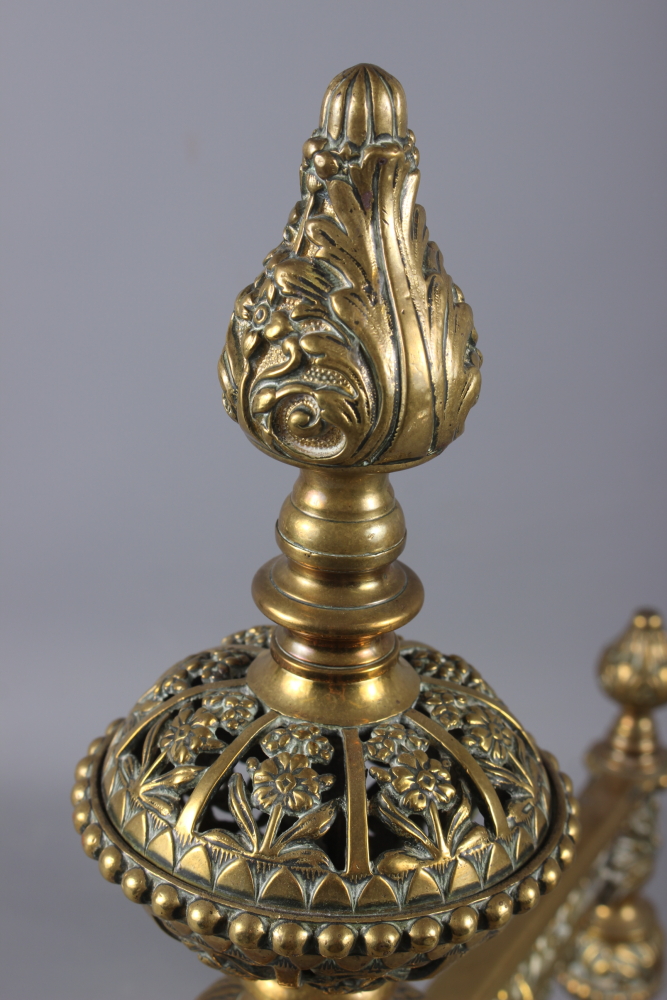 A pair of late 19th century pierced brass andirons/implement rests of restoration design, 16 1/2" - Image 3 of 3