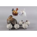 Tessa Fuchs: a set of five stoneware sheep, a porcelain boar, a modern quail and a Herend lop