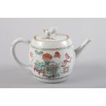 A Chinese famille vert drum-shaped teapot, decorated precious objects and lion finial, 4" high (chip