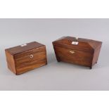 A mahogany cased sarcophagus tea caddy, 11 1/2" wide x 6 1/2" high, and a similar rectangular tea