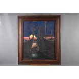 Olsen: oil on canvas, longships with sunset, 23 1/2" x 19 1/2", in wooden strip frame, an oil on