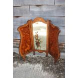 An Art Nouveau satinwood and marquetry toilet mirror with floral painted plate, 28" wide x 33" high