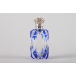 A 19th century blue overlaid, cut glass and silver mounted scent bottle, 2 3/4" high
