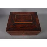 A rosewood sarcophagus sewing box, a quantity of sewing accessories, including needles, coloured