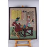 Six framed and glazed embroideries, interior scenes, various