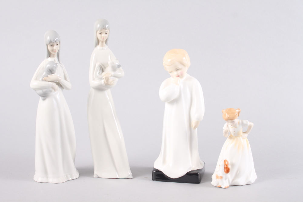 A Royal Doulton bone china "Darling" figure, 8" high, a companion figure, "Sit", 4 1/2" high, and