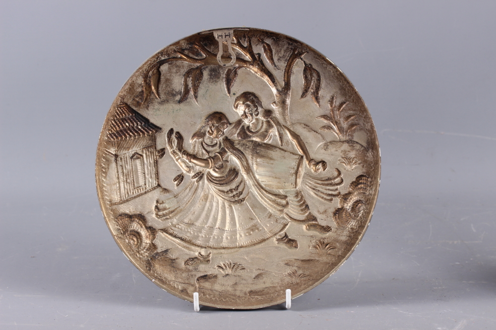 An Indian embossed circular panel with dancer and musician, 8 1/2" dia, a white metal mounted mirror - Image 3 of 6