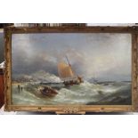 W H Williamson: a 19th century oil on canvas, Dutch fishing boats in stormy seas, 29 1/2" x 49 1/2",