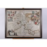 A 17th century hand-coloured map of Oxfordshire, in ebonised and gilt frame (foxed)