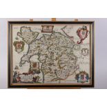 Blome's North Wales, an 18th century hand-coloured map, in ebonised and gilt strip frame