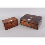 A rosewood rectangular workbox with inset mother-of-pearl decoration, 11" wide x 4 1/2" high, and