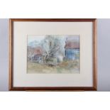 Geo R Giles, '47: watercolours, sketching at the farm, 8" x 11", in wooden strip frame