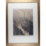 A late 19th century Continental signed lithograph, industrial city, in gilt frame