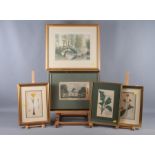 An early 19th century aquatint, "Aquatic Tripod", in Hogarth frame, three studies of plants and T