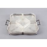 A Mappin & Webb silver plated two-handled hors d'oeuvres dish with frosted and cut glass inserts