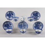 Four English flow blue decorated tea bowls and saucers, and an 18th century English blue and white