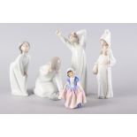 A Royal Doulton figure, "Dinky Do" HN1678, 4 1/4" high, and four Lladro figures (tallest 8 1/4"