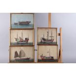 Five 19th century Chinese watercolours of sailing boats, in gilt strip frames, various sizes