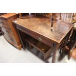 A George III mahogany fold-over top tea table, fitted one drawer, on chamfered and moulded supports,