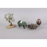Two hardstone model hippopotamuses (tallest 3 1/4" high), a wire and hardstone tree, 6 3/4" high,