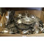 A quantity of silver plated items, including teapots, sugar casters, a cigarette box, letter openers