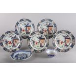 Five Chinese landscape and figure decorated polychrome plates, 9" dia (damages), a Chinese blue