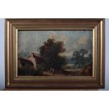 A 19th century oil on wood panel, landscape with figures outside a cottage, 6 1/2" x 10", in gilt